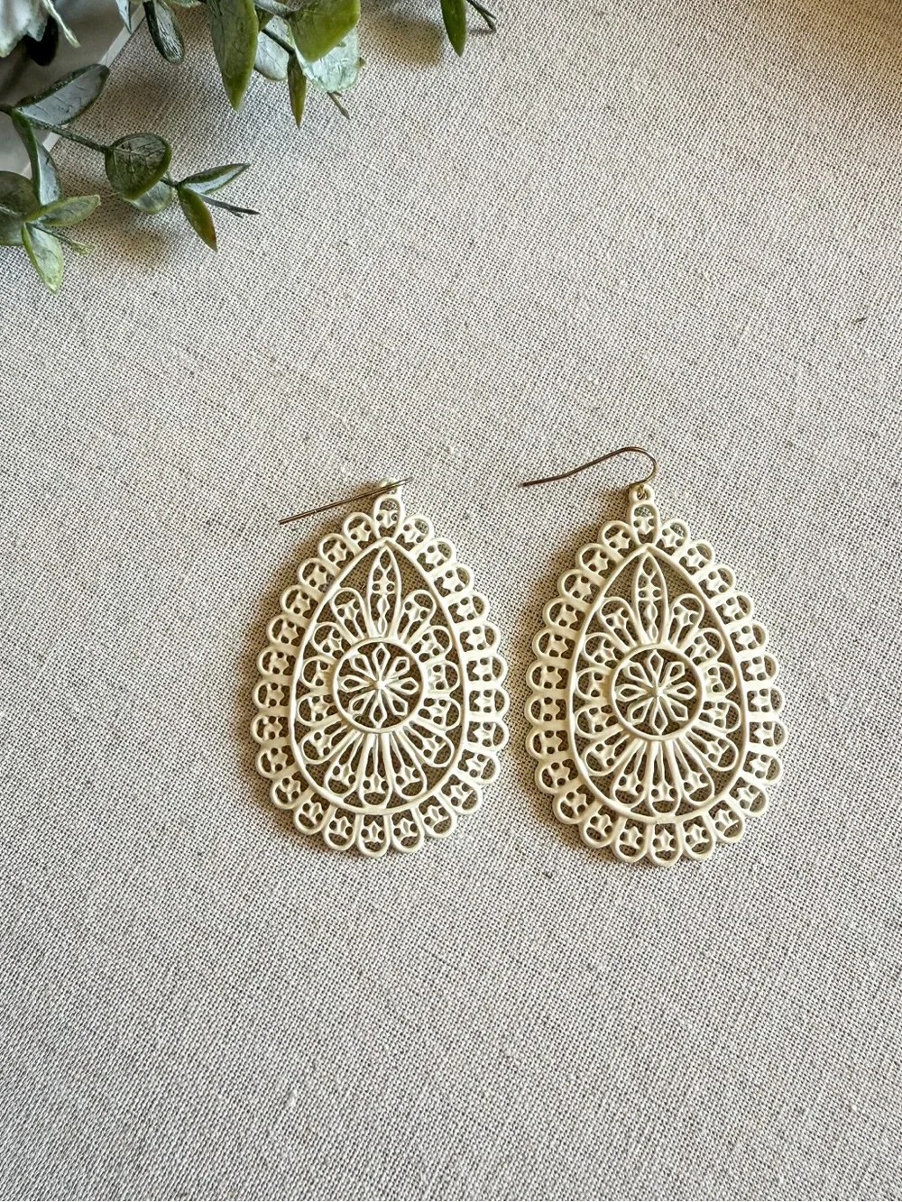 Cream Filigree Teardrop Statement Earrings